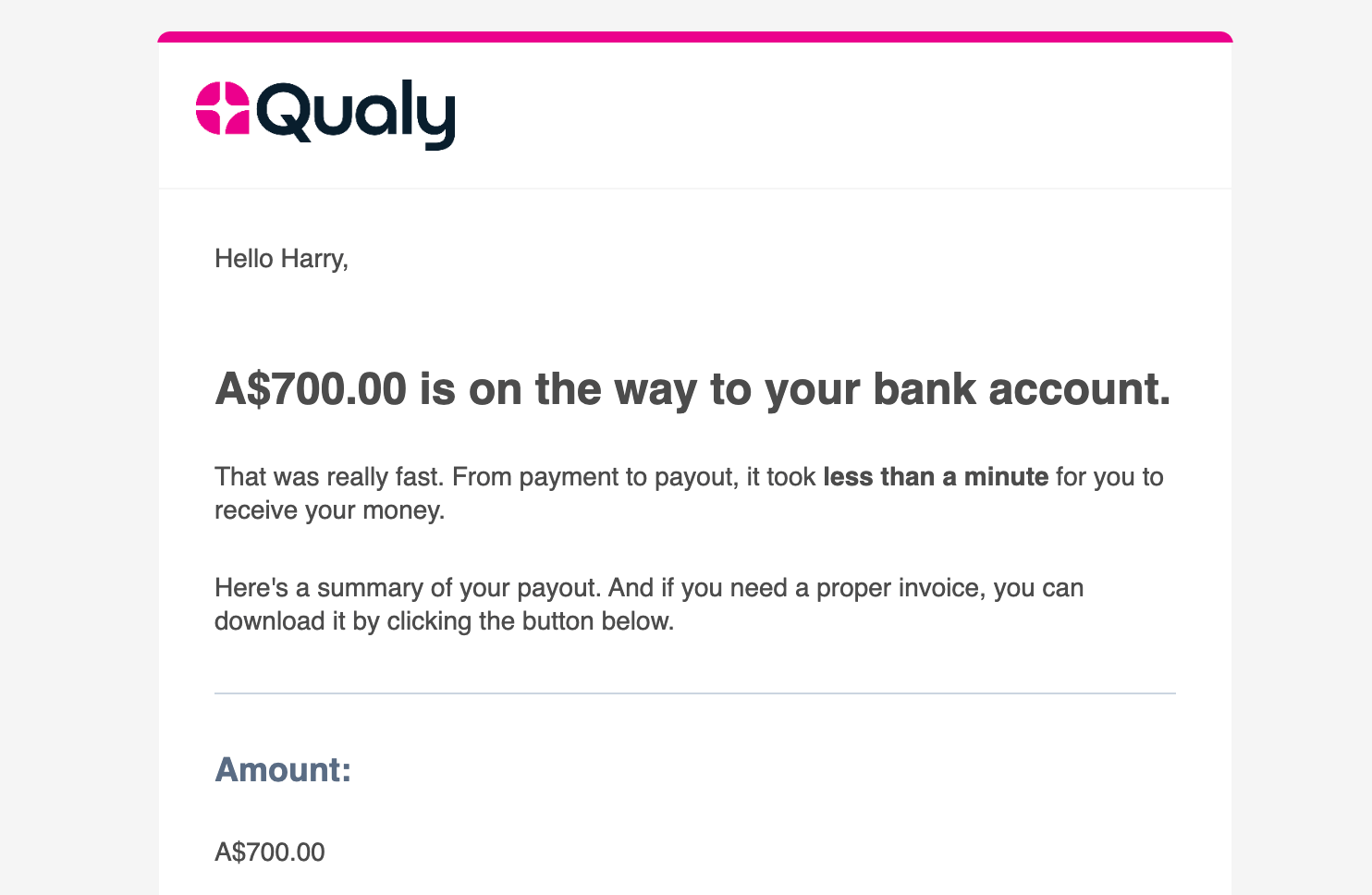 Bank transfer notification emails with attached remittance advice sent automatically by Qualy.
